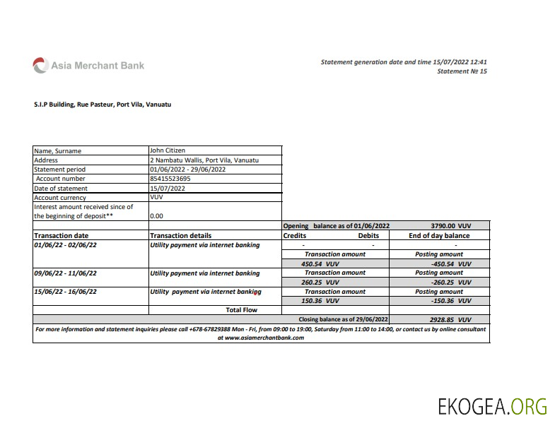 Relevé bancaire Vanuatu Asia Merchant, format Excel et PDF